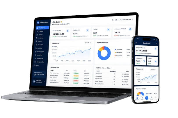 Apresentação do ERP TechSystem em notebook e celular, com painel de gestão empresarial